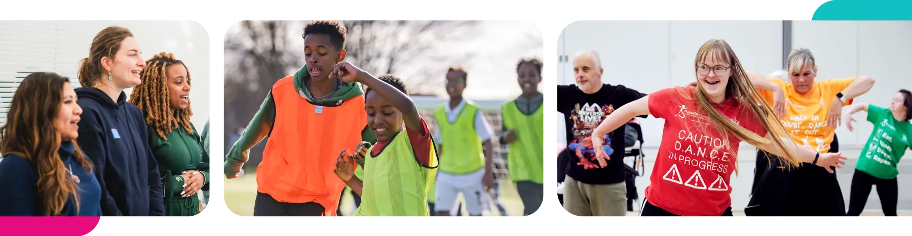 Men, women and children of different races, and people with disabilities, taking part in community activities of singing in a choir, playing football and taking dance classes